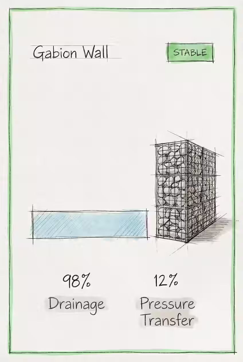 Gabion retaining wall demonstrating excellent drainage - water passes through stone matrix naturally